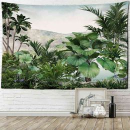 Plantes tropicales tapisserie forêt Illustration tenture murale Style bohème cocotier psychédélique Mandala décor à la maison J220804