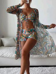 Imprimé Tropical Bikini 3pack cordon froncé couvrir femmes maillot de bain à manches longues maillots de bain vêtements de plage maillot de bain 240327