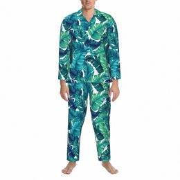 Conjuntos de pijamas con estampado tropical Otoño Funky Banana Leaf Ropa de dormir diaria Pareja 2 piezas Vintage Ropa de dormir de gran tamaño Regalo de cumpleaños 536w #