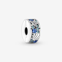 Tropische zeester schelp clip bedel Pandoras 100% 925 sterling zilveren bedels set slangenketting armband maken blauwe kristallen clips vriendin cadeau met originele doos