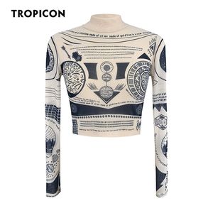 TROPICON Tattoo Mesh Crop Top T-shirts à manches longues T-shirts graphiques Femmes Voir à travers la haute couture Top T-shirt moulant esthétique 220516