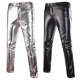 Pantalon Hommes Noir Pantalon Casual Pantalon Hommes Skinny Brillant Or Sier PU Cuir Moto Discothèque Scène pour Chanteurs Danseurs Y4uT #