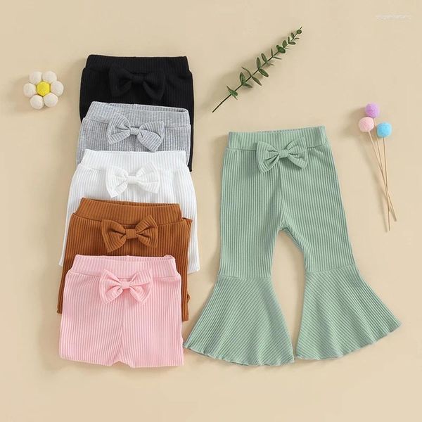 Pantalones acampanados para niñas de 0 a 4 años, pantalones elásticos acanalados de Color sólido con volantes y lazo, ropa informal para bebés pequeños