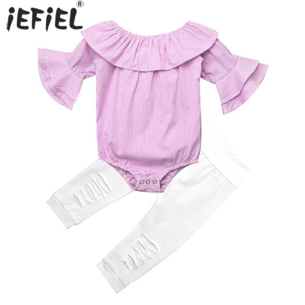 Pantalones 012M 2 PCS Trajes de niña recién nacidos Rayas rosa Ruffle Off Shoulder Romper +White Racted Jeans Pants Set Baby's