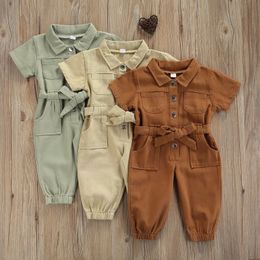 Pantalon 1-5 ans mode infantile filles combinaisons avec ceinture 2 pièces solide à manches courtes simple boutonnage poche combishorts 230918