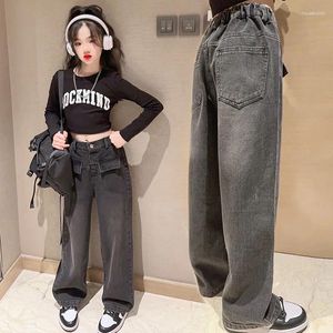 Broeken 10 12 jaar meisjes zwarte jeans lente herfst elastische taille kinderen wijde pijpen denim broek