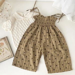 Pantalones 16Y Niños Niñas Monos Ropa para niños coreanos Rejilla Verano Algodón Corbata Tanque Sling Pantalones de pierna ancha Trajes 231025