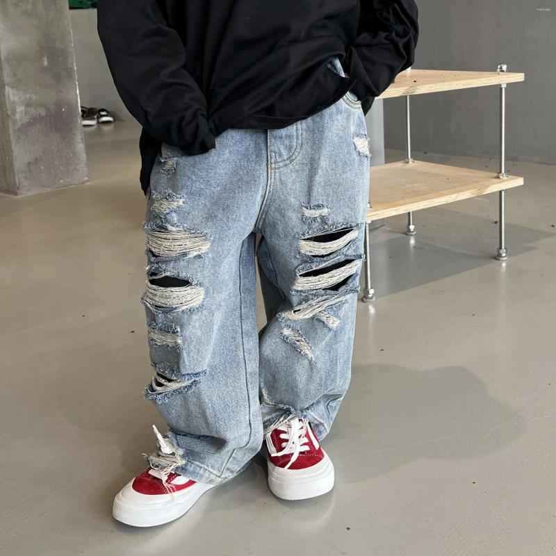 Trousers 2023 Autumn Children's Pants Boys' Fashion Casual Tear Hole Jeans Baby Fashionable Black Cloth Big Cut