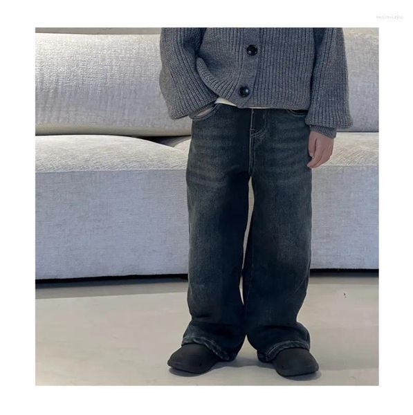 Pantalon 2023 une pièce jean peluche garçons hiver tout-match chaud jambe droite pantalon mode extérieur élasticité