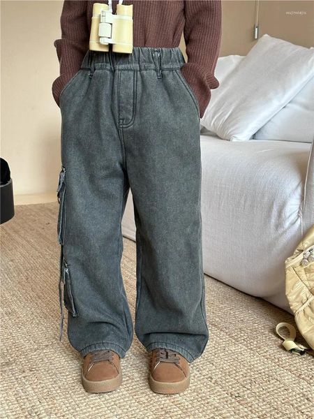 Pantalones vaqueros de trabajo para niños coreanos de invierno 2023, pantalones casuales de felpa Unisex, ropa para niños, ropa para niñas adolescentes