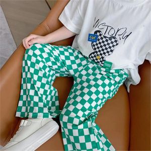 Pantalones 2024 Pantalones para niñas Primavera y verano Tablero de ajedrez para niños Pierna ancha a la moda Seda de hielo recta
