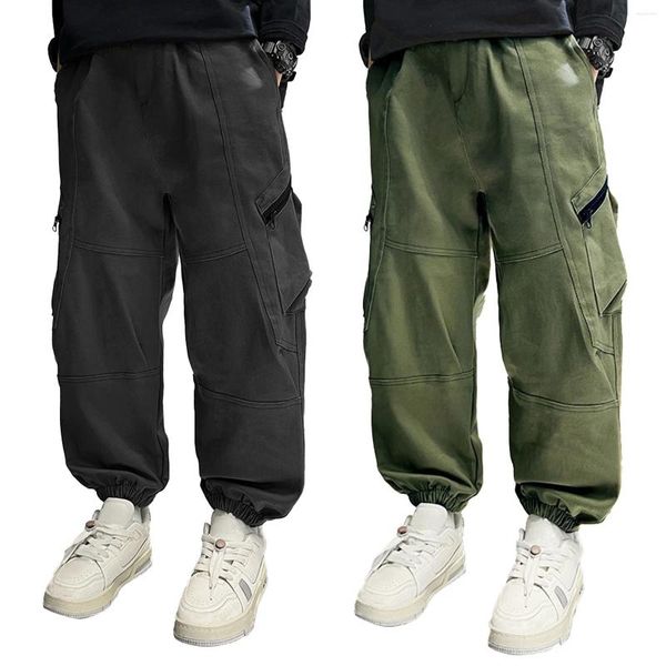 Pantalons 2024 Enfants Garçons Cargo Pantalon Coton Mode Casual Poches À Fermeture Éclair Lâche Ceinture Élastique Pour La Danse Hip-Hop Skateboarding