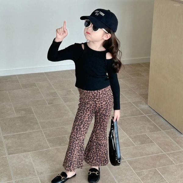 Pantalons 2024 corée printemps enfants vêtements pour bébé filles pantalons mignon taille haute imprimé léopard cloche-bas pantalon de survêtement pour tout-petits 95% coton