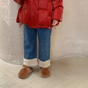 Broek 2024 Koreaanse Winter Kinderen Meisje Wijde Pijpen Broek Katoen Dikke Gesplitste Peuter Jeans Losse Veelzijdige Baby Denim Broek