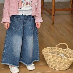 Broek 2024 lente kinderen solide kleur all-match jeans meisjes los casual denim wide been broek y240527