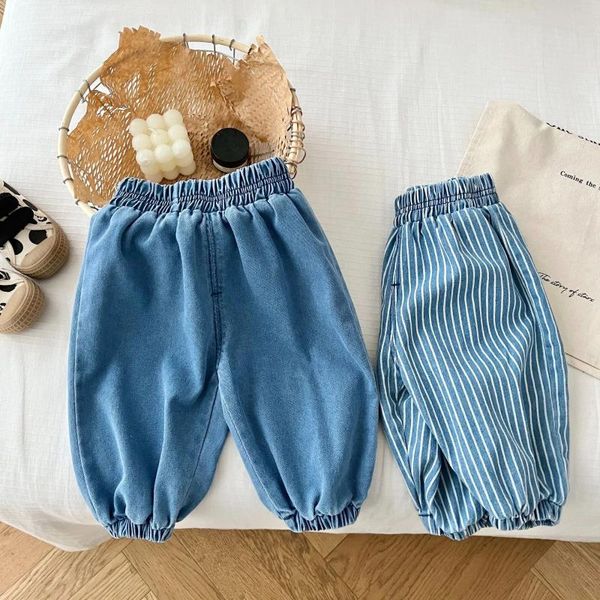 Pantalones 2024 primavera niños vaqueros a rayas sólido niña niños bolsillos pantalones de mezclilla sueltos bebé Casual niño algodón