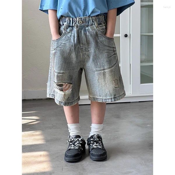 Pantalon 2024 Été coréen enfants cowboy garçons et filles vintage trou droit pantalon pantalon moe fraîche