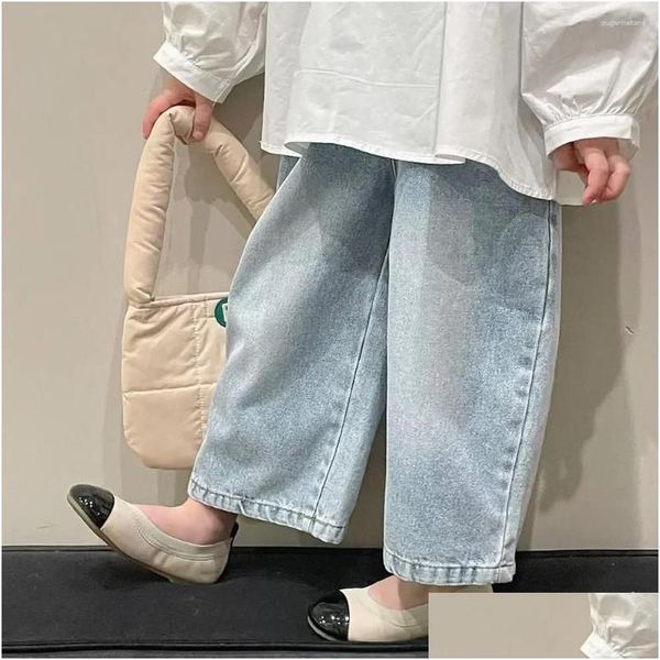 Pantalons 2024 Pantalons larges Jeans Taille élastique Longueur de la cheville Lâche Droite Coton Propre Solide Doux Confortable Enfants coréens Gir Dhy4N