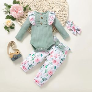 Broek 3 stks herfst winter pasgeboren babymeisje kleren lounge set lange mouw top bloemen broek hoofdtand 3 6 12 18 maanden kinderkinderen outfit