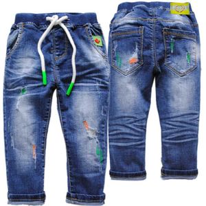 Broek 4087 Childrens Spring herfst baby jeans jongens broek zachte denim broek marineblauwe kinderen mode nieuwe elastische taille d240517