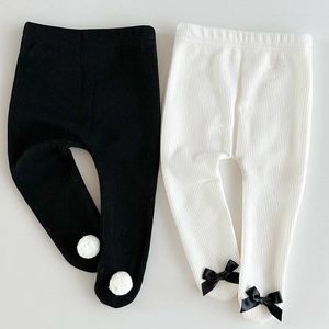Pantalon Adorable Pompon Bowknot Design Bébé Collants Coton Côtelé Enfants Collants Pour Les Filles En Bas Âge Bas Avec Sac Pantalon De Pied 0-24