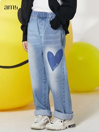 Broek Amii Kids Spring herfst jeans voor meisjes 3 12y Koreaanse elestische taille zakken rechte denim broek kinderen kleding 22230006 221207