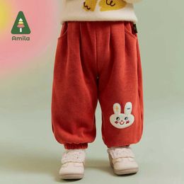 Broek Amila Baby Girl Casual Pants 2023 Winter Nieuwe multi -kleuren wollen cartoonpatroon Zacht en comfortabel Baby ClothingL2405