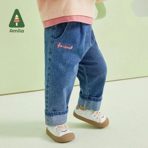 Broek Amila babymeisjes jeans broek 2023 lente nieuwe casual schattige cartoon kids denim broek voor 06 jaar mode kinderkinderen kleding