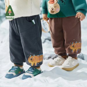 Broek Amila Baby's Casual Pants 2022 Winter schattige cartoon dierenpatroon Solid color boys meisjes kinderen warme joggingbroeken