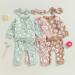 Broek herfst baby baby meisje herfstkleding set bloemenprint lange mouw tops broek boog hoofdband outfit suit