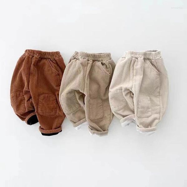 Pantalones Otoño Invierno Bebé Niños Pantalones Más Terciopelo Espesar Parche Casual Color Sólido Niños Pana Polar Cálido