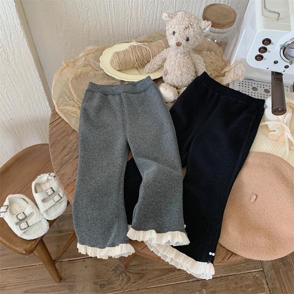 Pantalon automne hiver Ins fille bébé dentelle à volants polaire épaissir botte coupe enfants solide Plus velours chaud pantalons décontractés enfant coton