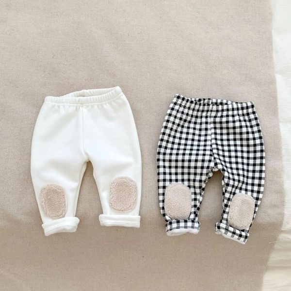 Pantalon automne hiver enfant épaissir Plus velours Leggings chauds garçon infantile Plaid pantalons décontractés fille enfants Patch solide mode