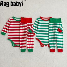 Pantalon de vêtements de bébé ensembles verts rouges à rayures Boy garçon fille pyjamas pantalon robeper 2pcs sets longs pour les vêtements du Nouvel An de Noël