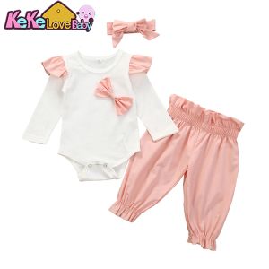 Pantalon Baby Girl Clothes NOUVEAU NEUR-NET TIGNAGE 3PCS Hiver Baby Bowknot Tops Pantalons Romper Bandons Toddler Girls Clothing ensembles