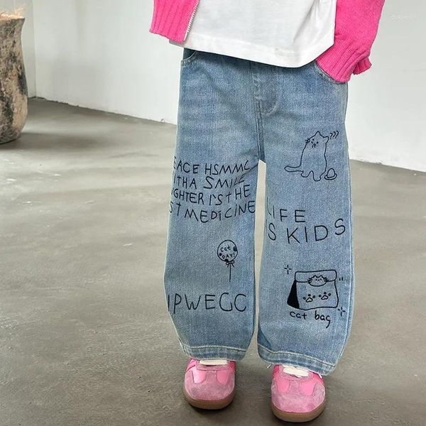 Pantalon bébé printemps 2024 élastiquewaist graffiti simple mode lâche pantalon girls jeans enfants vêtements adolescents