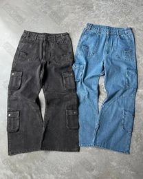 Broek baggy jeans vintage trekstring losse been broek casual grote pocket laadbroek y2k denim heren gescheurde herenkleding 231222