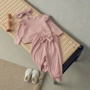 Broek beqeuewll babymeisjes jumpsuits set solide kleuren ruches katoenen huidverzorging top en casual broek met boogdecoratie set