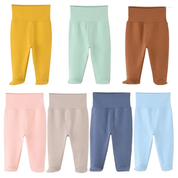 Pantalones Nacidos Pantalones de bebé Cintura alta Niños Niñas Largos con calcetines Footies Colores sólidos Caramelo Entrepierna de algodón Se puede abrir