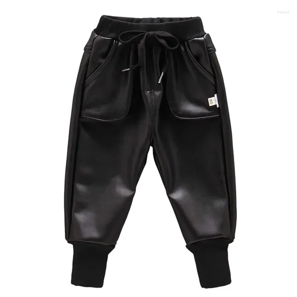 Pantalon Boys Boys Pantalon en cuir d'hiver automne avec isolation en peluche pu chaude élastique longue étanché