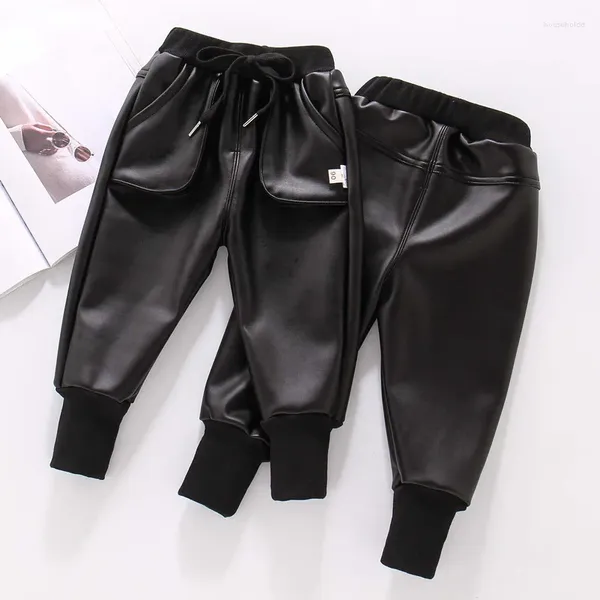 Pantalons garçons PU Faux cuir pantalon enfants hiver polaire noir Imitation pour garçon adolescent enfants chaud