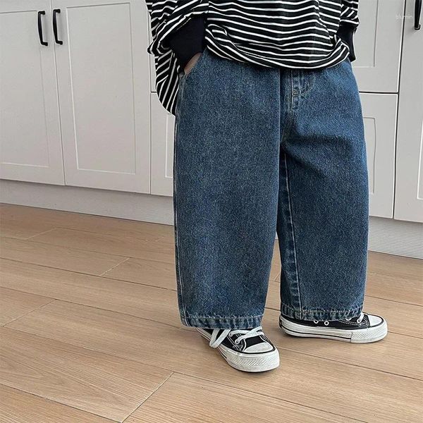 Pantalones Niños Primavera Otoño Una Pieza Parche Bolsa Jeans Sueltos Suave Todo Partido Moda Al Aire Libre Fresco Elasticidad