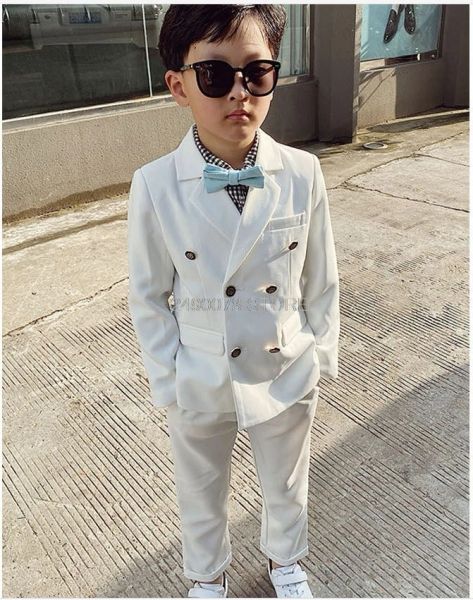 Pantalones de niños Bautismo Blanco Traje de boda Boys Flower Chaqueta Pantalones 2 PCS