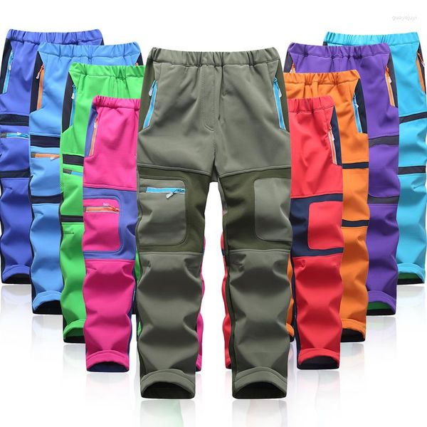 Pantalones de marca impermeables para niños y niñas, pantalones deportivos cálidos para escalar, trajes de concha suave de retales para niños de 105-160cm