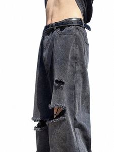 Pantalons Broken Torn Male Cowboy Pantalons Jeans déchirés droits pour hommes avec des trous Noir Y2K Vintage Esthétique Hiver Empilé Y 2k w9oF #