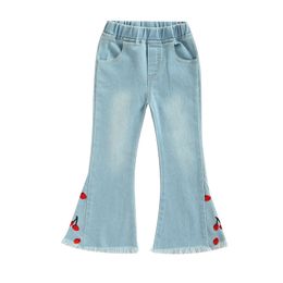 Broek Celana denim Bayi Perempuan Anak Anak Kecil Jeans Terkembang Pinggangis Elastis Sulaman Ceri Dengan Saku 1 6T 230426