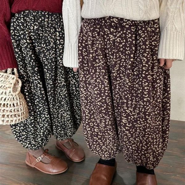 Pantalones para niños, ropa para niños, pantalones florales para invierno 2023, bombachos de lana con estampado de leopardo para niños y niñas, pantalones holgados de pierna ancha y gruesa