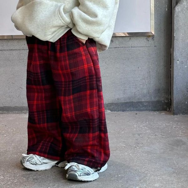 Pantalons à carreaux pour enfants, vêtements pour enfants, à la mode, Style coréen rétro, rouge, chaud, décontracté, Simple, pour garçons, automne-hiver, 2023