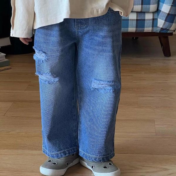 Pantalones para niños estilo coreano 2024 primavera moda longitud completa niños niñas Jeans rasgados pierna recta Casual Simple