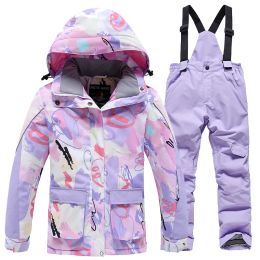 Pantalon couleurs le costume de neige pour enfants usure extérieur imperméable costume chaud chaud snowboard vestes de ski + pantalon de sangle garçons et filles